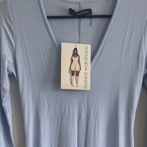 NWT Naked Wardrobe Light Blue Jumpsuit M V Neck Bodycon Full Length - Picture 2 of 9